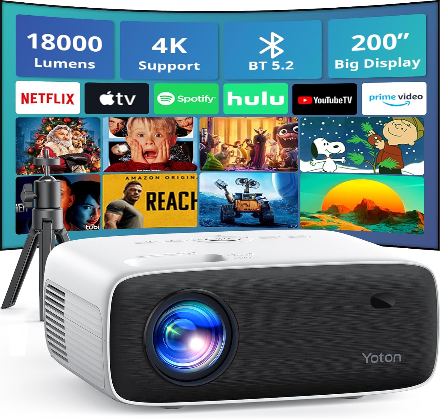 YOTON Y6 Bluetooth Projector 4K with Tripod, Projector Native 1080P 18000 Lumens, Bluetooth 5.2 Portable Home Video Movie Projector Compatible with iOS/Android/HDMI/USB/AV/SD Card, for Home Cinema