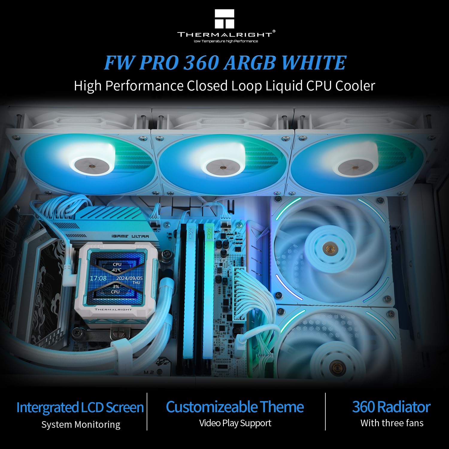 Thermalright FW PRO 360 ARGB White-360mm AIO CPU Liquid Cooler,IPS LCD Screen with 320 * 320 Resolution,for AM4/AM5/Intel LGA1700/1851,’2.73 inch’Magnet-Absorbent LCD Screen for Images