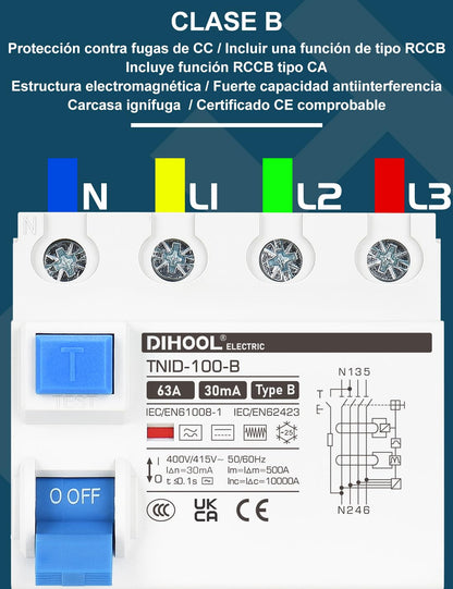 DIHOOL RCD type B fi afbryder reststrøm enhed FI-kontakt DIN hat skinne 4-polet 63 A 30mA