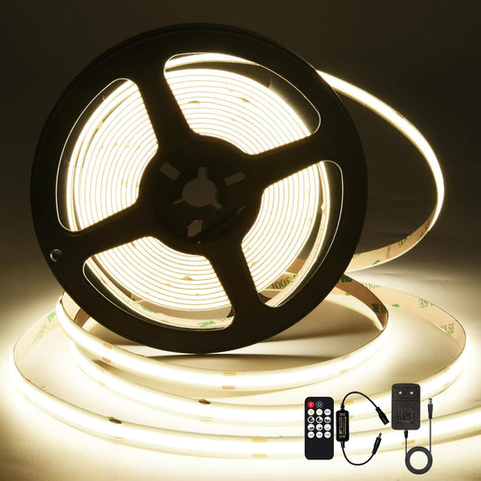 MOMKHBEY COB LED Strip 5 m, 4000 K Natural White LED Strip DC24 V with GS Power Supply, RF Remote Control, 480LEDs/M, CRI 93+, 8 mm Width, Dimmable LED Light Strips for Bedroom, Kitchen, Home