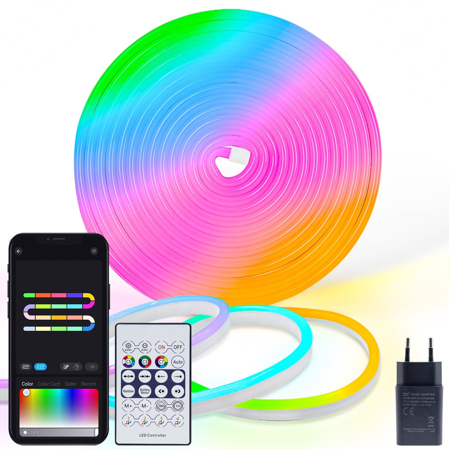 ZAIYW 10 m Neon LED Strip RGB & IC; 5 V Neon LED Strip with App Control Remote Control, Music Sync Flexible LED Light Strip IP65 Waterproof for Bedroom, Wall, Gaming Decoration