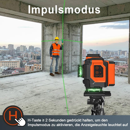 Cross Line Laser Green, 3 x 360 Degree Laser Spirit Level, Self-Levelling, 3D Cross Laser 12 Line Laser, Construction Laser for Indoor Construction Site, Wall Laser with Rechargeable Battery (Type-C)