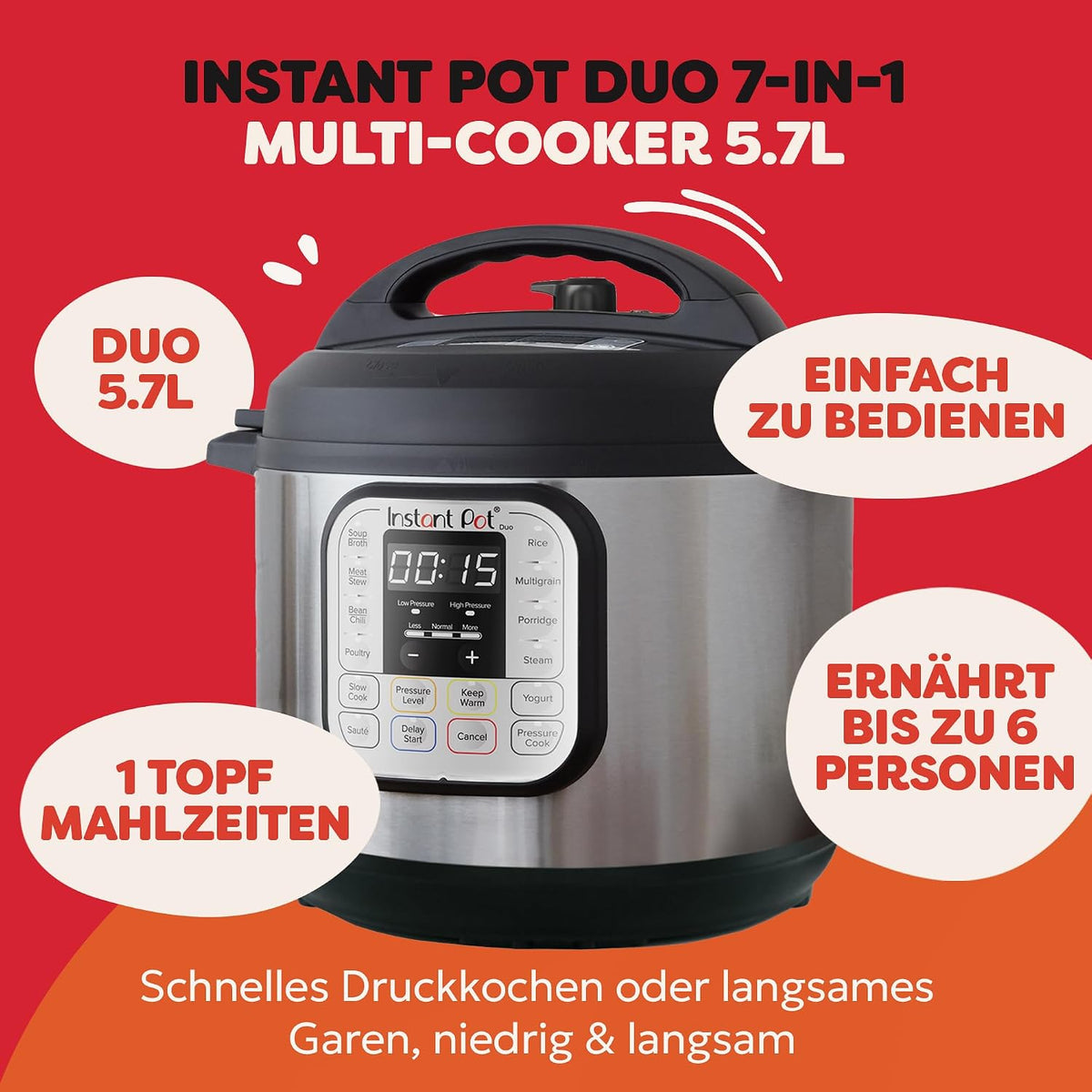 Oala electrica sub presiune programabila Instant Pot IP-DUO60 7-in-1, 5.7 L, 1000 W, 220 V