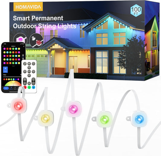 HomaVida Permanent Outdoor Lights 100ft, Christmas DIY Decor, Smart RGB+IC Outdoor Lights for House with Remote, 72 LED IP65 Waterproof Eave Light for Holiday, Party, Work with Alexa, Google Assistant