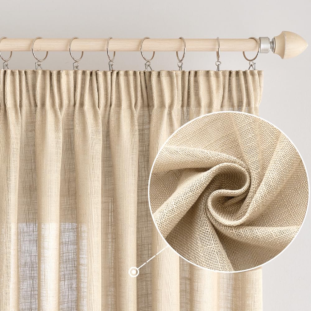 EMEMA Curtains, Linen Curtain with Ruffle Tape, Voile Curtain, Linen Look, Modern Semi-Transparent for Living Room, Decorative Curtain, Kitchen Curtains, Tab-Top Curtain, Bedroom, Brown, 140 x 215 cm