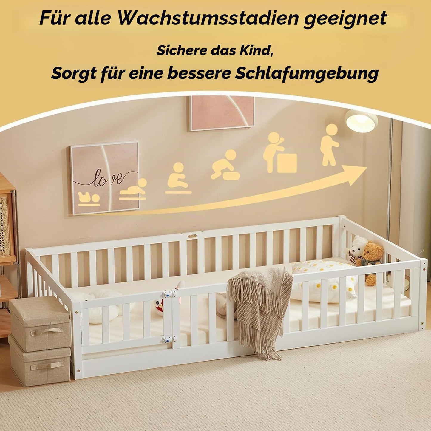 Pat copii 140x200 cm LEADZM Montessori 2-in-1 alb, lemn