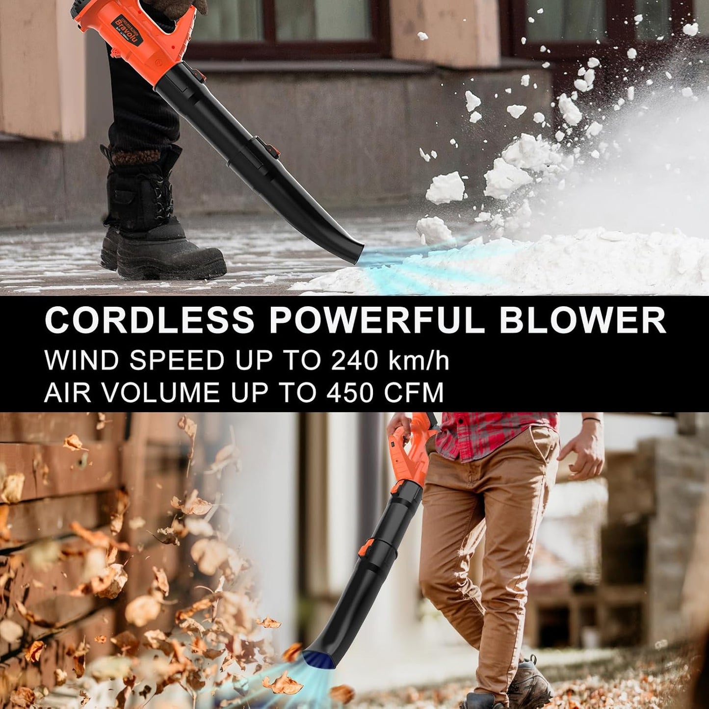 Battery Leaf Blower, Bravolu 21 V Blower Max. Fan Speed 210 km/h, with 4.0 Ah Battery and Charger, 6 Speed