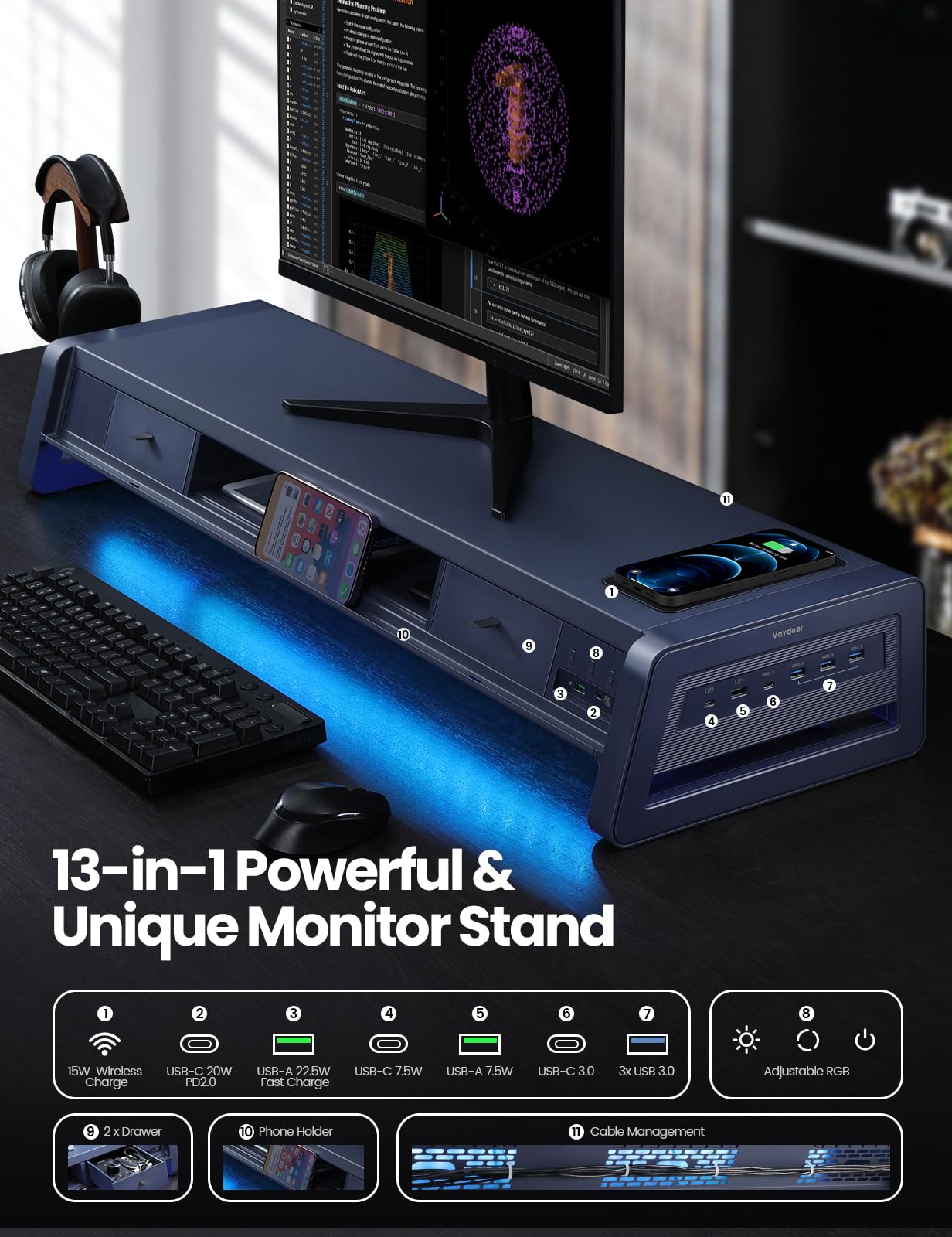 Suport monitor VAYDEER cu sertare si USB, incarcare wireless 15W