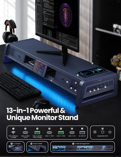 Suport monitor VAYDEER cu sertare si USB, incarcare wireless 15W