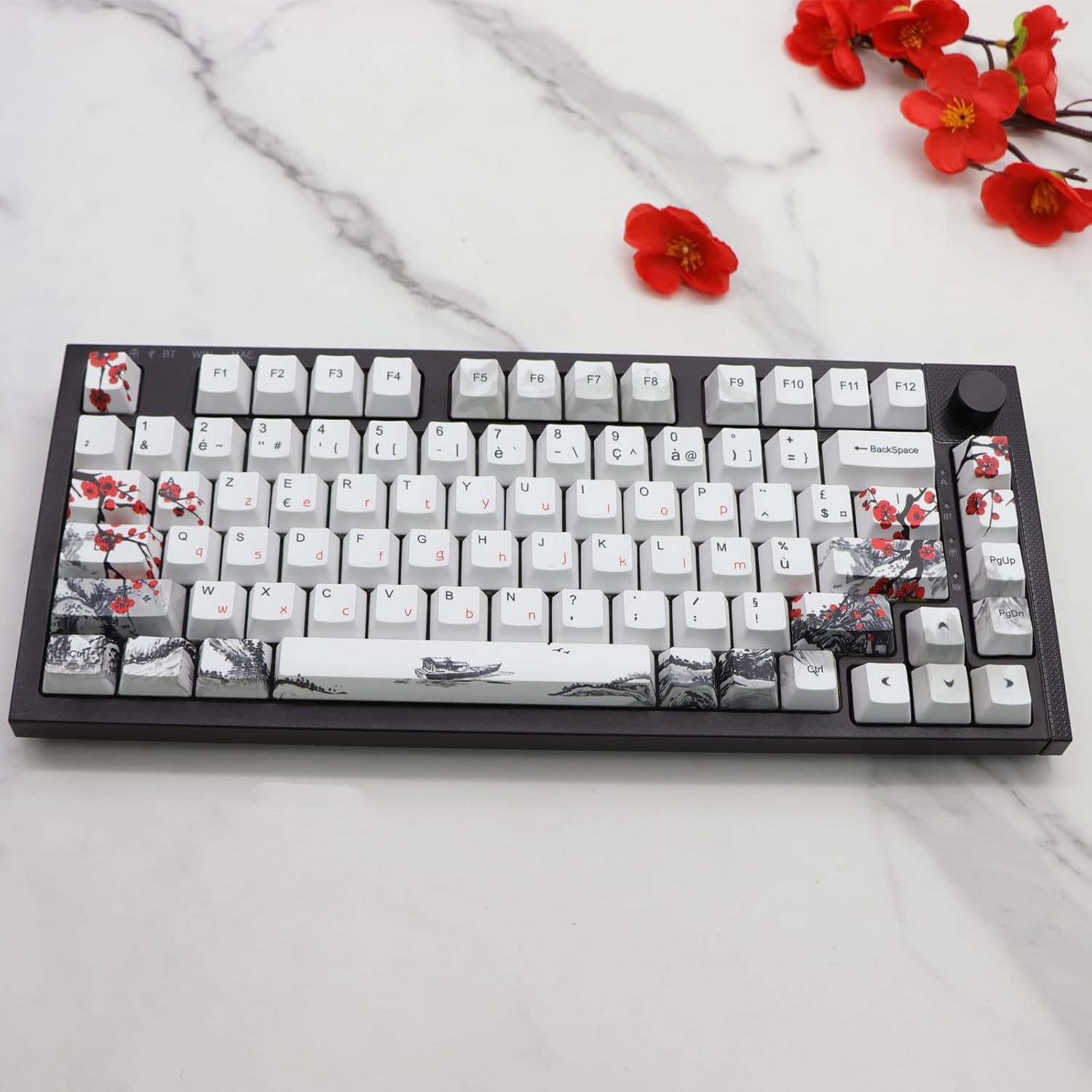JSJT Plum Blossom Keycaps 128 Keys French Keycaps PBT OEM Profile Custom Keycaps for 61/68/87/96/104/108 Cherry MX Switches Mechanical Keyboard