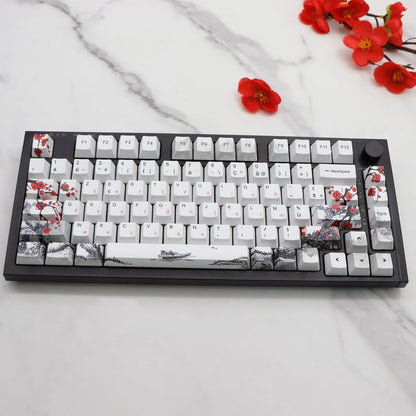 JSJT Plum Blossom Keycaps 128 Keys French Keycaps PBT OEM Profile Custom Keycaps for 61/68/87/96/104/108 Cherry MX Switches Mechanical Keyboard