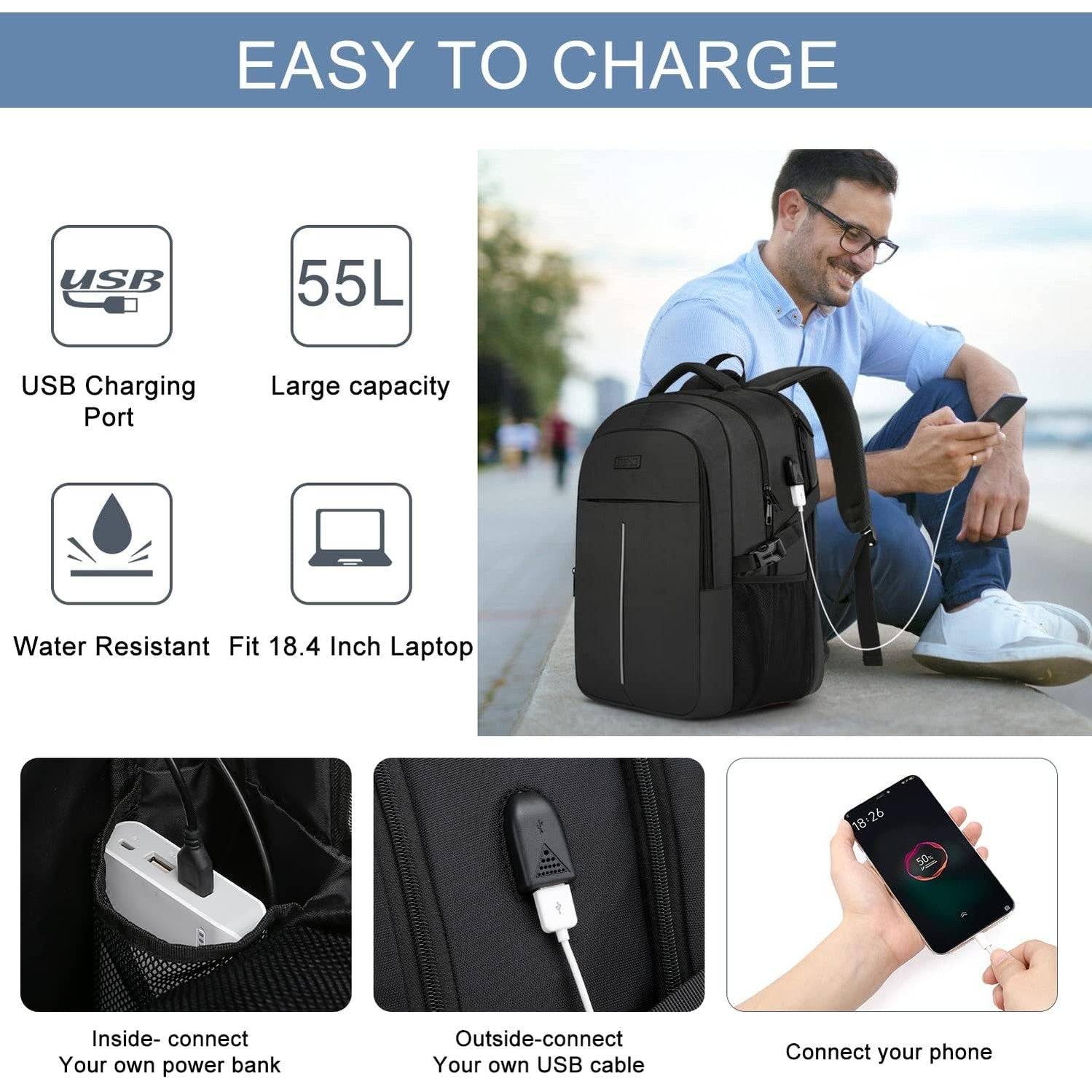 18.4 Laptop Backpack,Extra Large Travel Backpack for Men 55L,Water Resistant Laptop Backpack Work bag with USB Charging Port Business TSA Approved Computer Rucksack for Men Women College School,Black