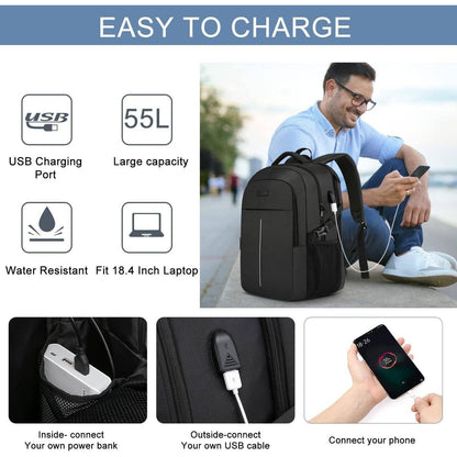 18.4 Laptop Backpack,Extra Large Travel Backpack for Men 55L,Water Resistant Laptop Backpack Work bag with USB Charging Port Business TSA Approved Computer Rucksack for Men Women College School,Black