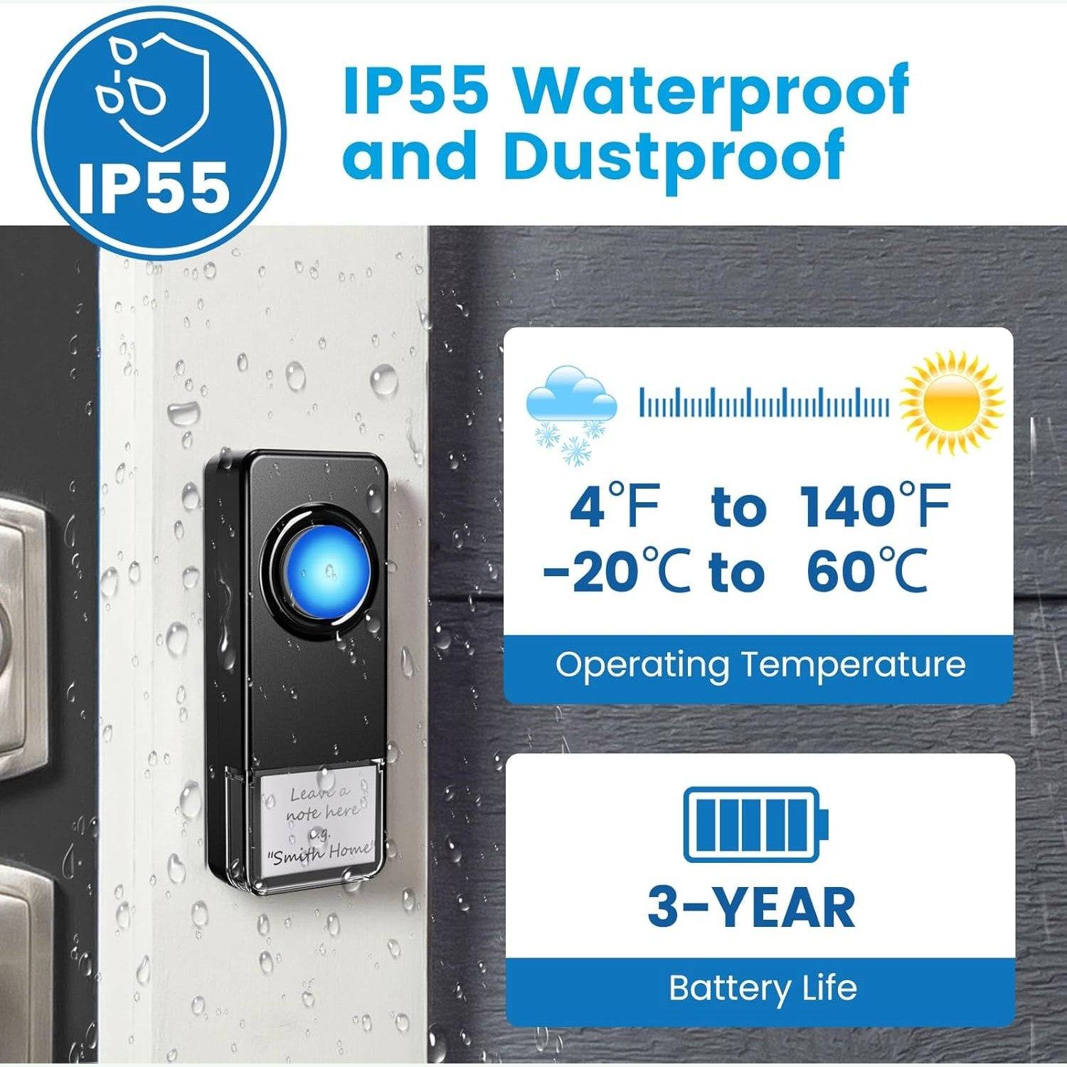 WiFi Doorbell Waterproof Outdoor, APP with No Subscription, 0-110dB Range Wireless Doorbell with 32 Melodies, Door Bell with Remote Notification, Door Bells with LED Flash for Homes, Offices