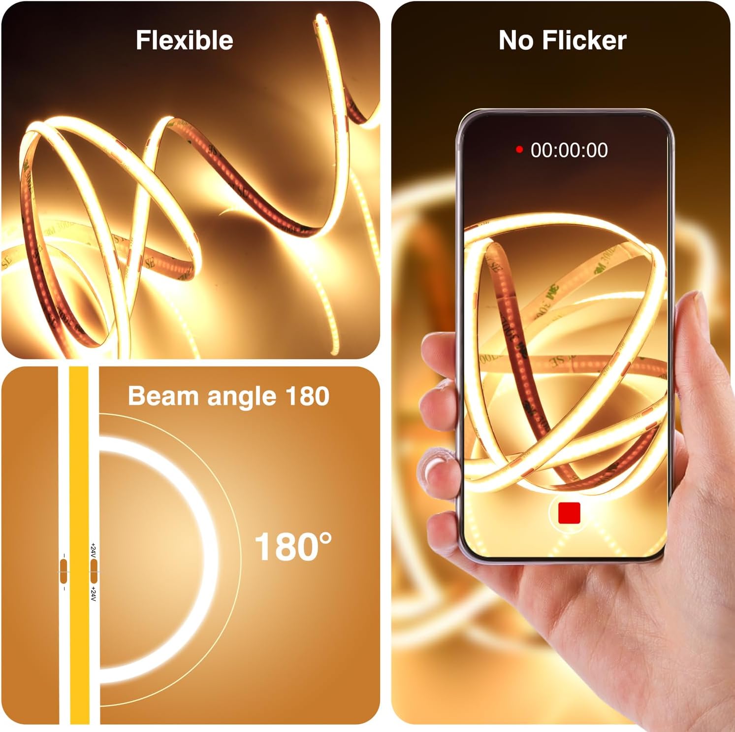 COB LED Strip 10M, 3000K Warm White LED Strips, 24V Dimmable LED Strip Lights, CRI92+,8mm Width, with Remote Control and Power Supply,for Living Room, Kitchen, Mirror
