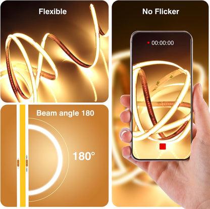 COB LED Strip 10M, 3000K Warm White LED Strips, 24V Dimmable LED Strip Lights, CRI92+,8mm Width, with Remote Control and Power Supply,for Living Room, Kitchen, Mirror