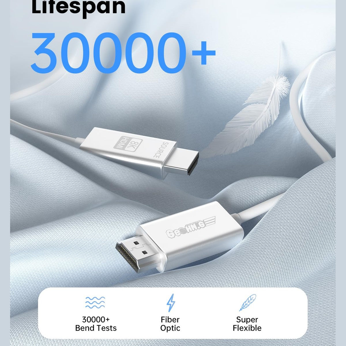 GeoHN.G 10K 8K Fiber Optic HDMI Cable 3.3FT/1M, 48Gbps 8K60Hz Super Flexible HDMI 2.1 Cable eARC HDR10 HDCP 2.2&2.3 Dolby Dynamic HDR Compatible with Blu-ray/Roku TV/PS5/HDTV/SoundBar