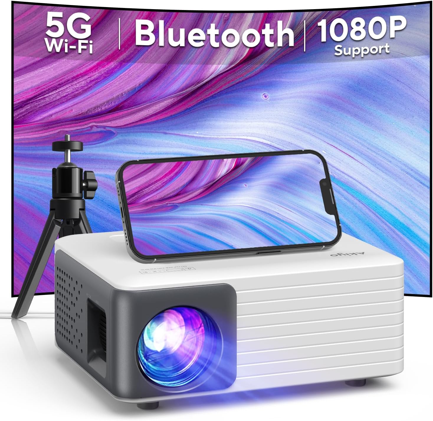 Mini Projector with WiFi and Bluetooth, AKIYO 2026 Upgraded Projector 1080P Support, 360° Rotating, Portable Projector for Home Theater/Outdoor, Compatible with iOS/Android/Laptop/PS5
