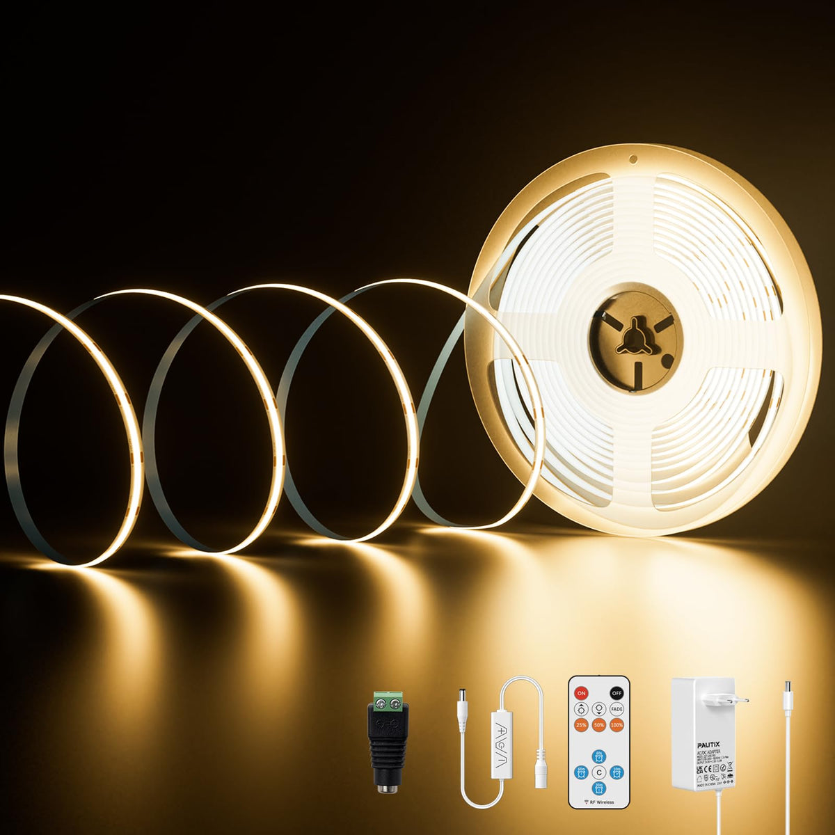 Banda LED PAUTIX COB 10m 2700K 24V Dimmabila cu telecomanda RF