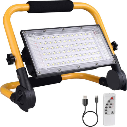 ERAY LED Construction Spotlight, 8000LM 13500mAh LED Work Light with Remote Control, 4 Modes, Power Bank, Timer, 70 LED, Solar & USB Charging, Job Site Lighting