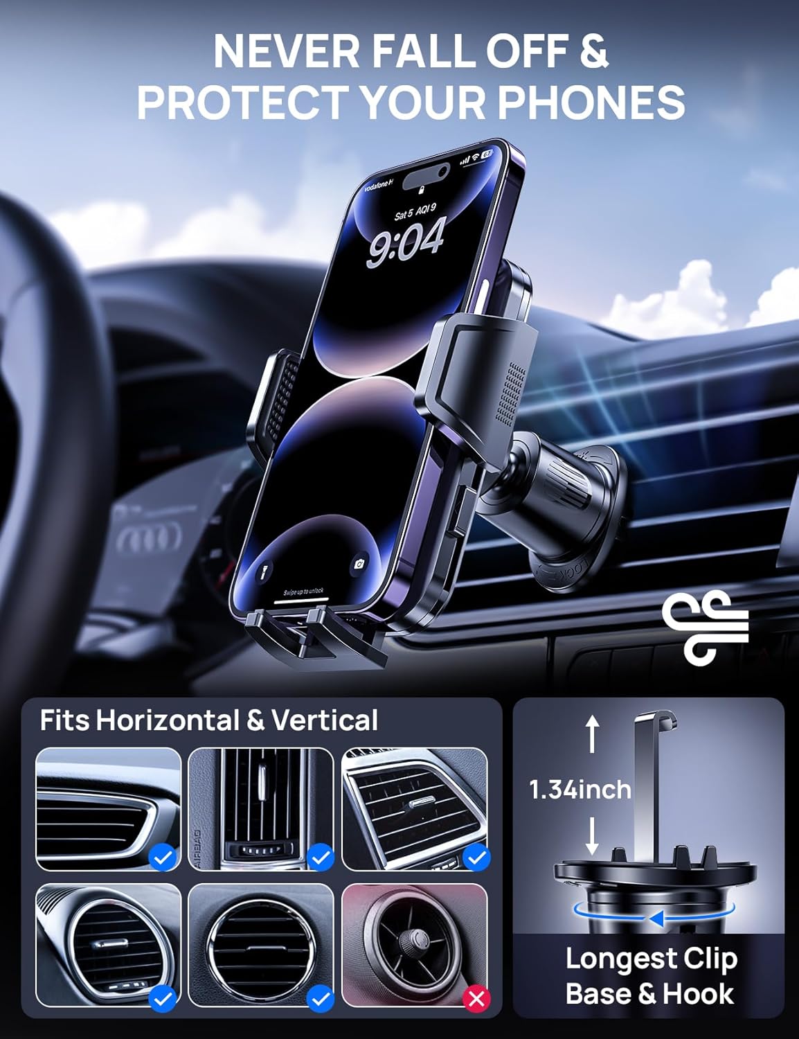 Car phone holder air vent, Car Phone Holder Mount 360° Rotation, Adjustable Clip, Big Phone & Thick Case Friendly, Compatibility Fit for All 4"-7" Smartphone, Universal phone car holder