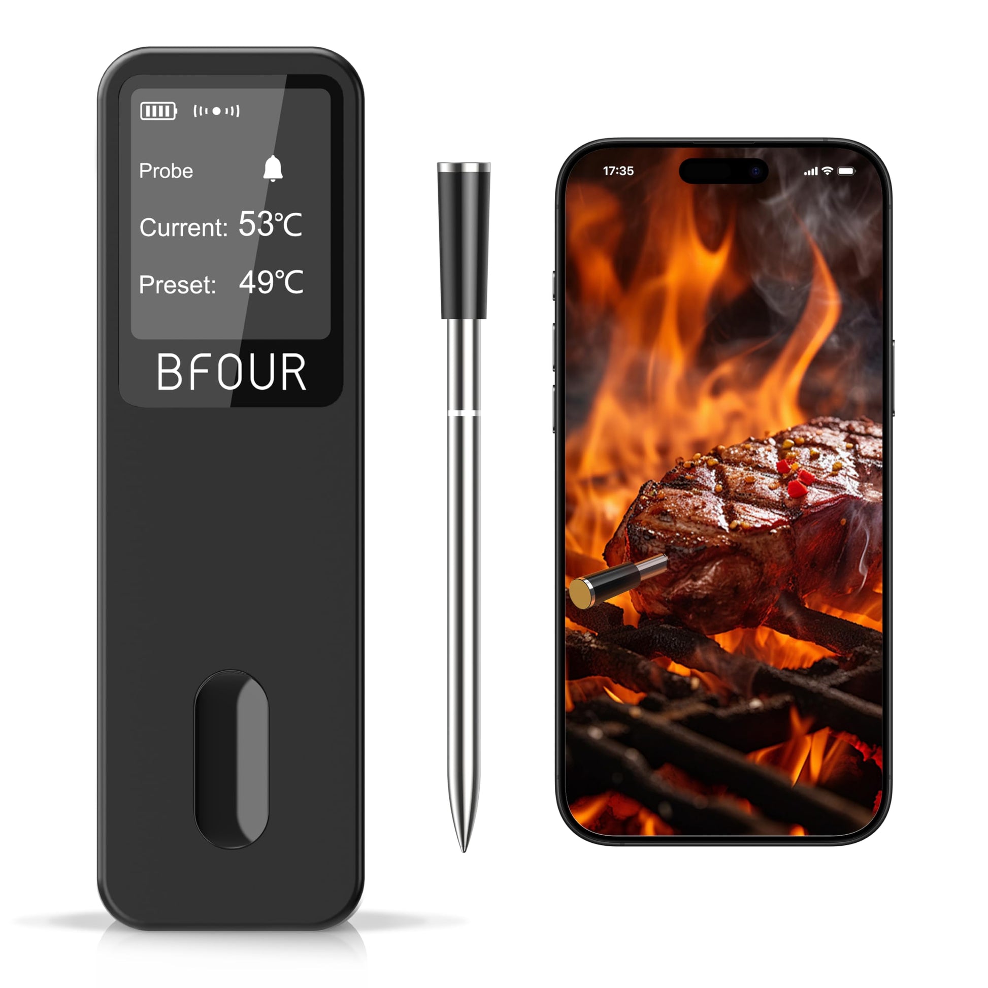 BFOUR Meat Thermometer Digital Wireless with LCD Booster, Bluetooth Food Cooking Thermometer with Smart App, 524FT Remote Range, 100% Waterproof & 752°F Heat Resistant Probe for BBQ Oven Grill Smoker