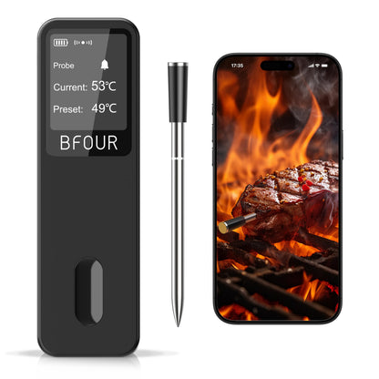 BFOUR Meat Thermometer Digital Wireless with LCD Booster, Bluetooth Food Cooking Thermometer with Smart App, 524FT Remote Range, 100% Waterproof & 752°F Heat Resistant Probe for BBQ Oven Grill Smoker