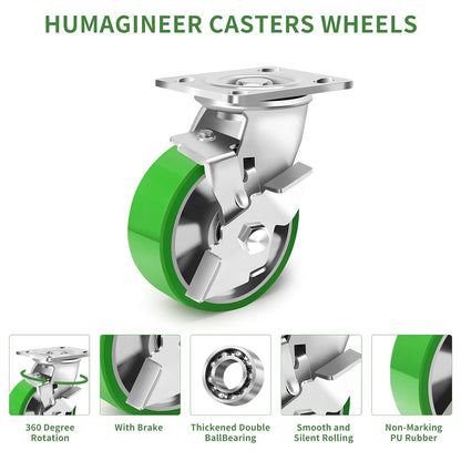 Role industriale pivotante Humagineer cu frana, 12,5 cm, miez din aluminiu si banda PU, set 4, sarcina 1800 kg