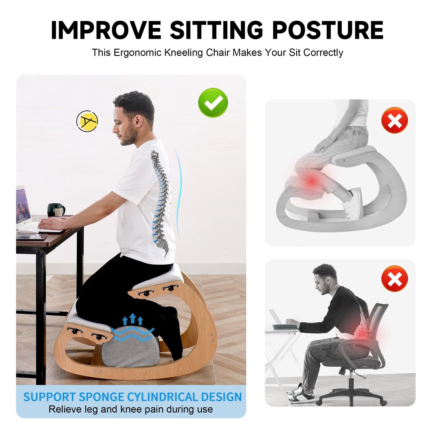 Scaun ergonomic genunchi MallVitally Ajustable din lemn alb