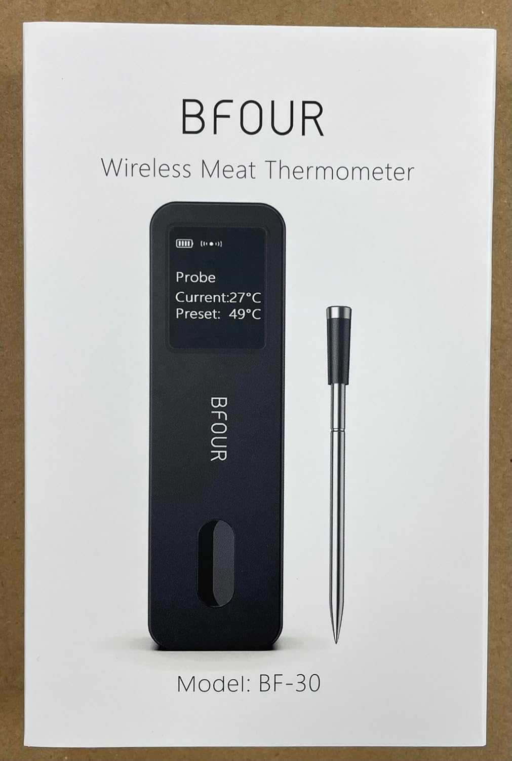 BFOUR Meat Thermometer Digital Wireless with LCD Booster, Bluetooth Food Cooking Thermometer with Smart App, 524FT Remote Range, 100% Waterproof & 752°F Heat Resistant Probe for BBQ Oven Grill Smoker
