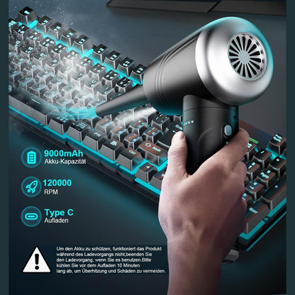 Electric Dust Blower 3 Speed 120000 RPM Compressed Air Spray, 9000 mAh Battery Keyboard Cleaning Kit, Compressed Air Duster with LED Light and Cleaning Brush, for PC/Sofa/Car/Keyboard/Camera, Silver