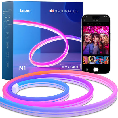 Lepro N1 Banda LED Neon Smart 3 m, IP65, sincronizare muzica, control Bluetooth 2.4GHz, compatibil Alexa si Google Home, pentru DIY party