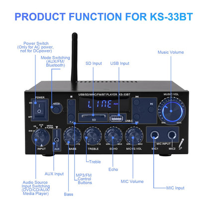 Mini Amplifier 60 W + 60 W Digital Power Amplifier Bluetooth Stereo Home Car Audio Amplifier USB SD FM MIC HiFi Digital Amplifier 12 V/230 V Mini 2CH 2 Channel I Mini Power Amplifier LCD Display