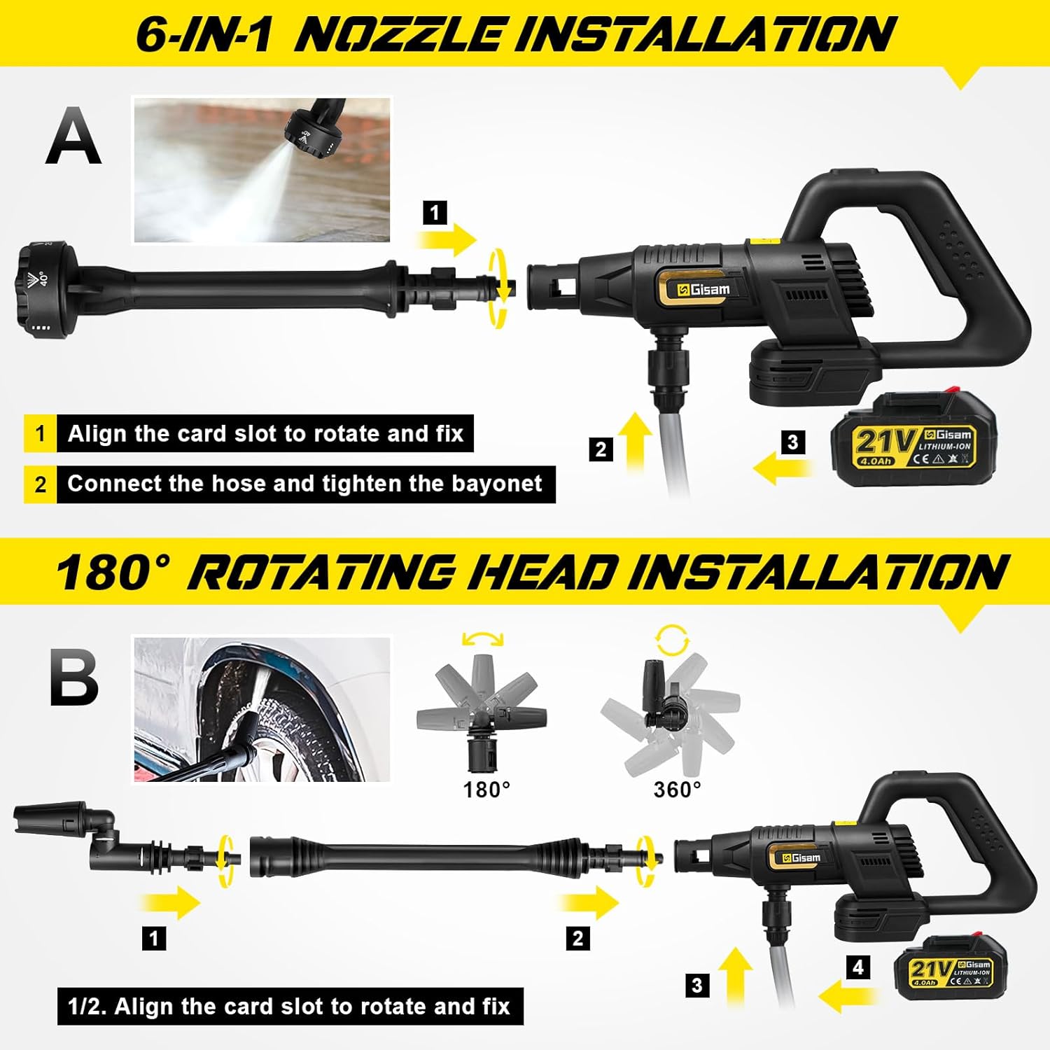 Battery Pressure Washer, Gisam Pressure Washer, Mobile Pressure Washer with 2 x 4.0Ah Batteries, 3-Speed Mode Max 65Bar, 6-in-1 Nozzle, 180° Rotating Nozzle, Foam Sprayer, 5 m Hose, Cleaning