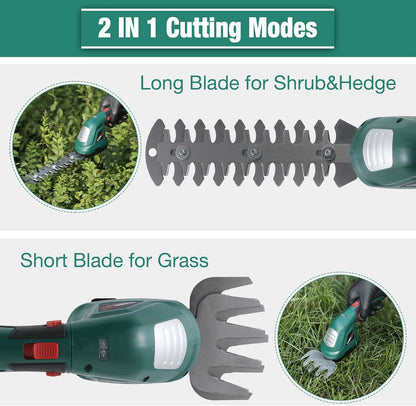 POSENPRO Akku Gras- und Strauchschere, 2 in 1 kabellose Grasschere 7,2V 1,5Ah Akku-Gartenschere, Mini Heckenschere für Garten und Höfe mit Ladegerät