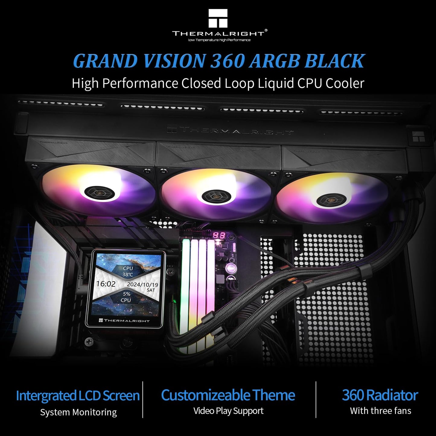 Thermalright Grand Vision 360 ARGB Black AIO CPU Liquid Cooler,IPS LCD Screen with 480x480 Resolution,for AM5/Intel LGA1851/1700,‘3.4 inch’Magnet-Absorbent LCD Screen for Images -Black