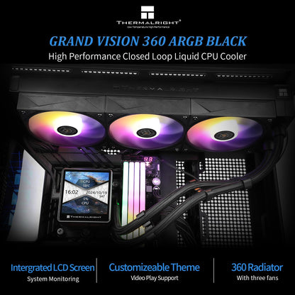 Thermalright Grand Vision 360 ARGB Black AIO CPU Liquid Cooler,IPS LCD Screen with 480x480 Resolution,for AM5/Intel LGA1851/1700,‘3.4 inch’Magnet-Absorbent LCD Screen for Images -Black