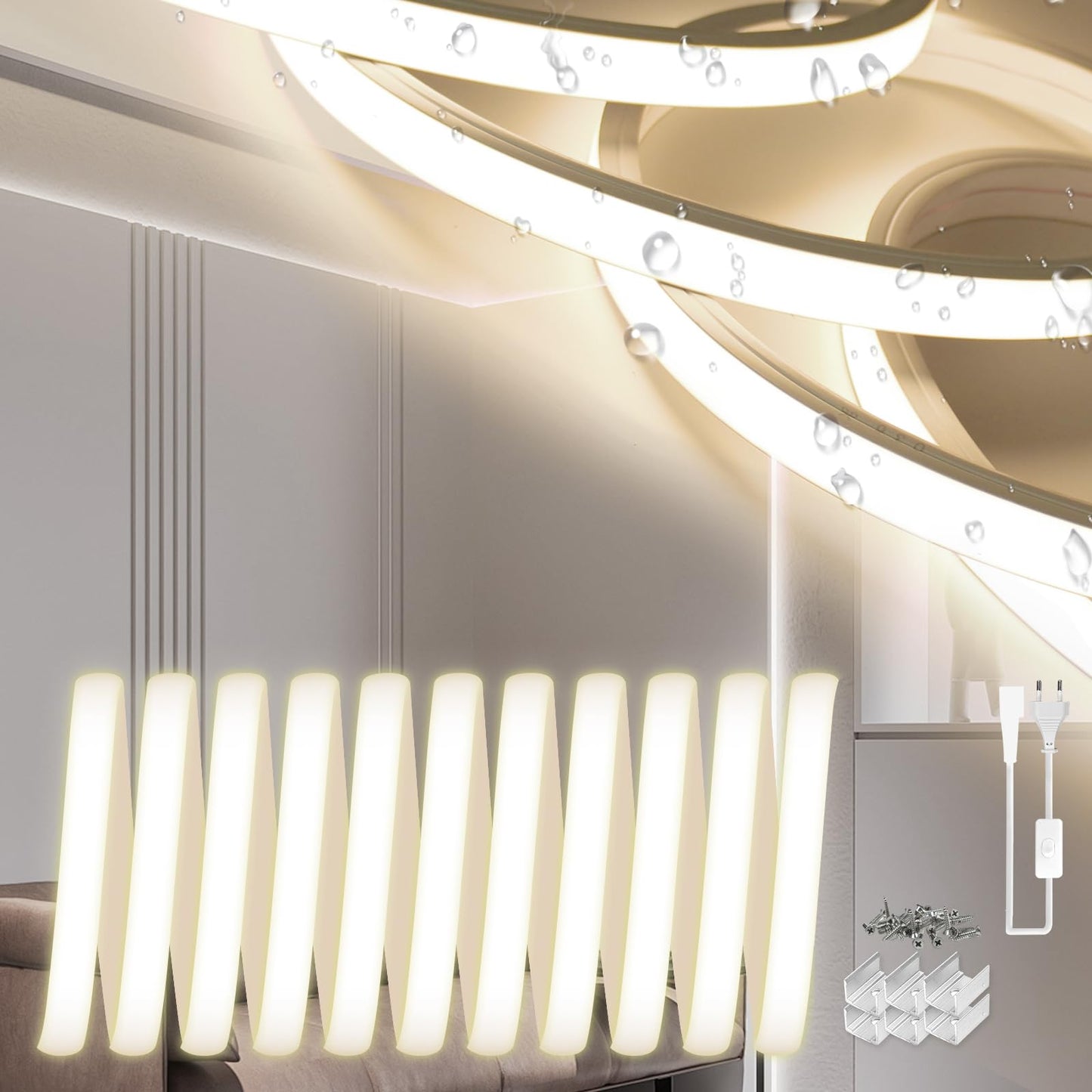 Neon LED Strip 5 m, Silicone Waterproof Fireproof IP65 LED Strip Warm White 3000 K 10 mm LED Fairy Lights Outdoor 230 V Flexible DIY Light Strip Outdoor with Power Supply for Home, Party,