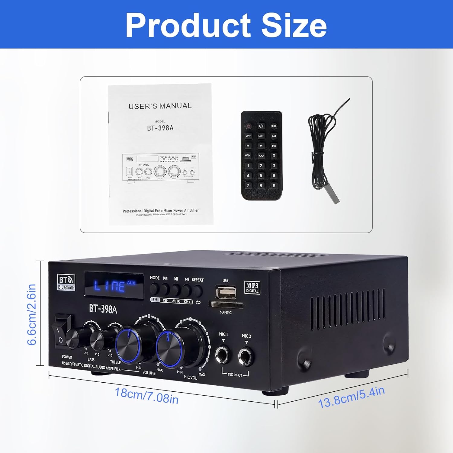 1000W Amplificateur, Bluetooth 5.3 Audio, Stéréo Audio Récepteur Ampli HiFi à 2.0 CH 60W x2 avec Bass/Treble/AUX/FM/MIC/USB, Convient pour Deux Haut-parleurs d'environ 10 Pouces, pour Ampli Voiture