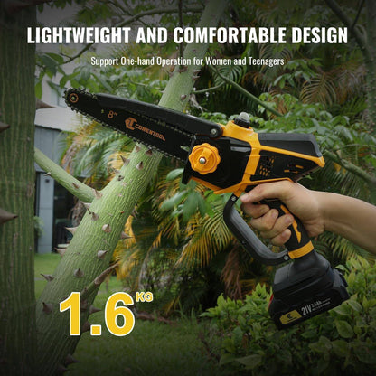 CONENTOOL Brushless Mini Chainsaw, 6 + 8 Inch Battery Chainsaw with Automatic Oiler, 2 Batteries 2.5 Ah and Charger, 900 W One-Handed Chainsaws for Garden Shears, Loppers Wood Cutting