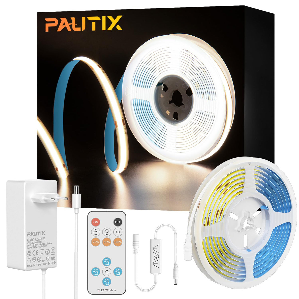Banda LED PAUTIX COB 5 m 3000K 24V RF Remote CRI93+ Dimmabila