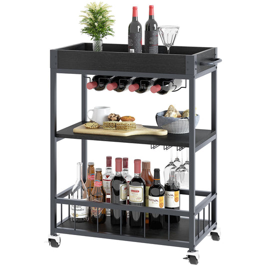 Carucior servire Huhote elegant 3 rafturi, suport sticle, negru