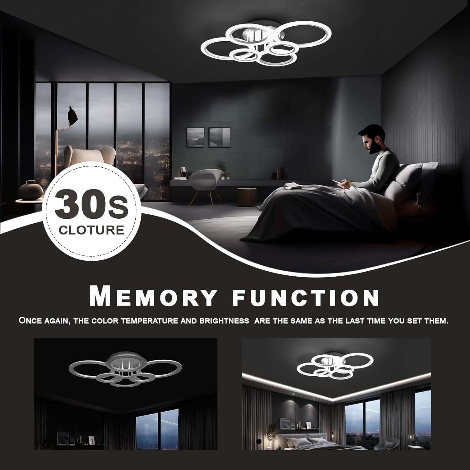 RUYI Ceiling Lights,Modern LED Arylic 6 Ring 72W 6400LM Flush Chandeliers Lamp with Remote Control,for Living Room,Bedroom,Bathroom,Dimmable 2800-7000K