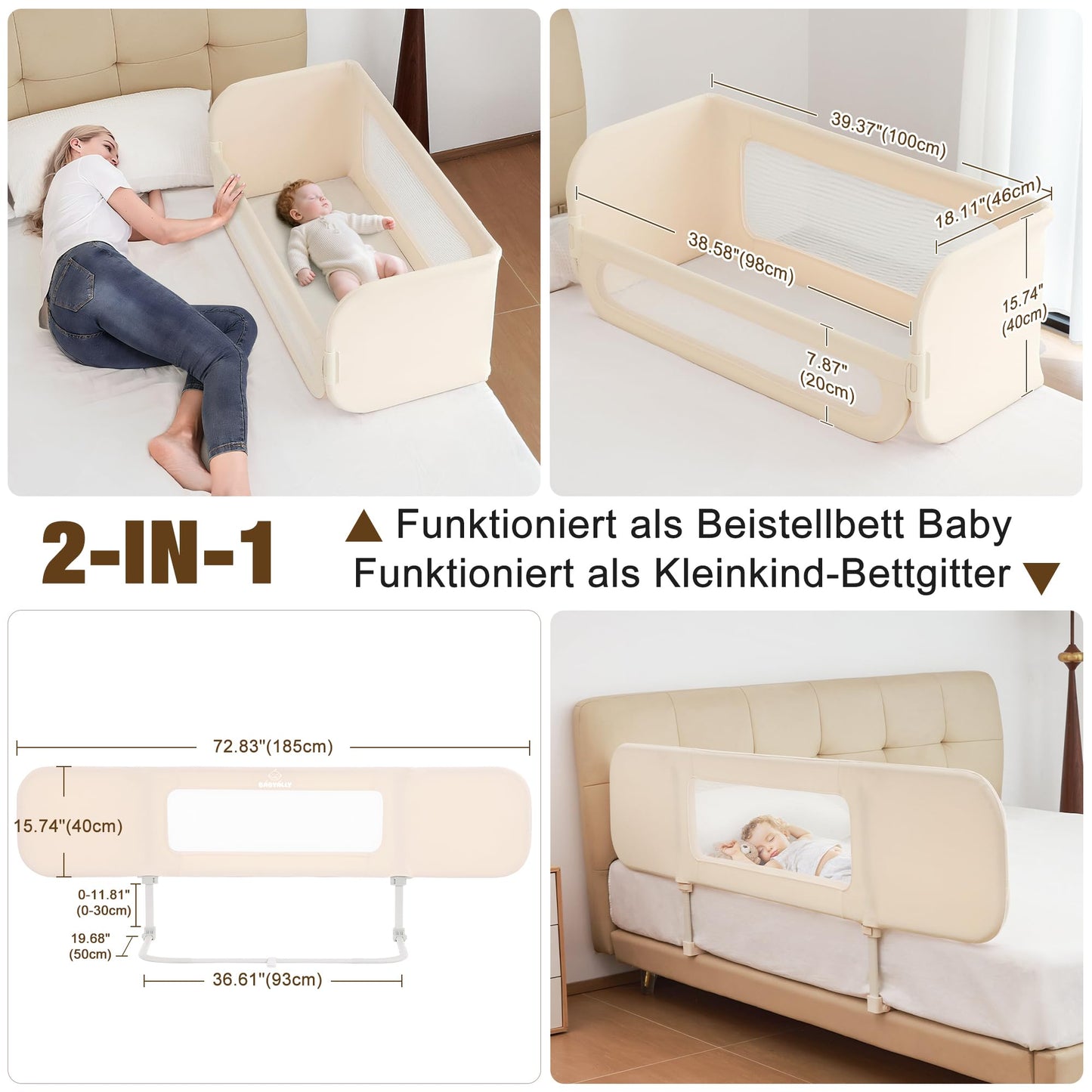 Protectie pat BabyAlly TA12-G 2 in 1 pliabila 185 cm crem