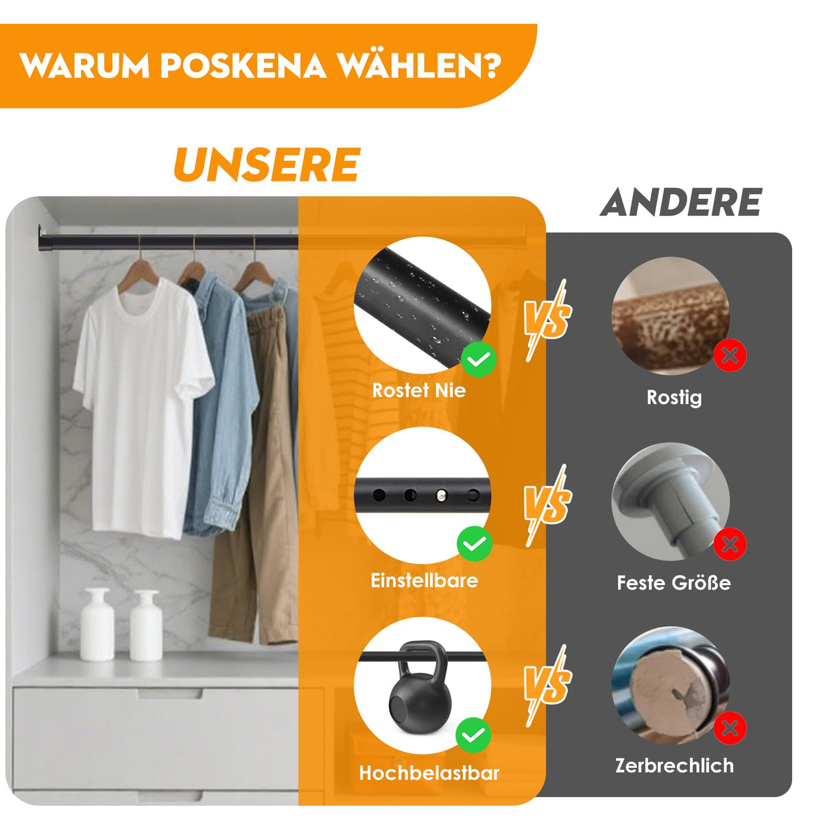 Suport haine Poskena extensibil 43-101 cm otel inoxidabil negru
