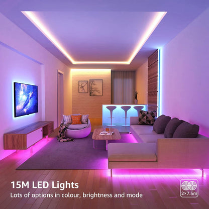 LE LED Strip 15 m, LED Strip, RGB Band, 5050 SMD LED Strips, 12 V, Self-Adhesive Light Strip with 44 Button Remote Control, Flexible LED Strip, LED Fairy Lights for Home, Party, Bar, TV, (2 x 7.5 m)