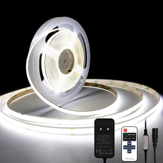 TTWAY COB LED Streifen Kaltweiß 6000K, 5M Dimmbares Flexibles 24V COB LED Streifen Licht set, 480 LEDs/M, GS Netzteil, mit RF Fernbedienung, CRI90+ helles Unterbaulicht für Fernseher, DIY Dekoration
