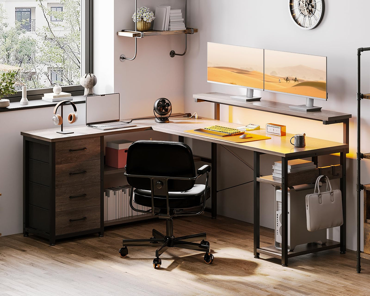 Birou ODK L-Shaped Desk 135x110cm LED prize si sertare gri