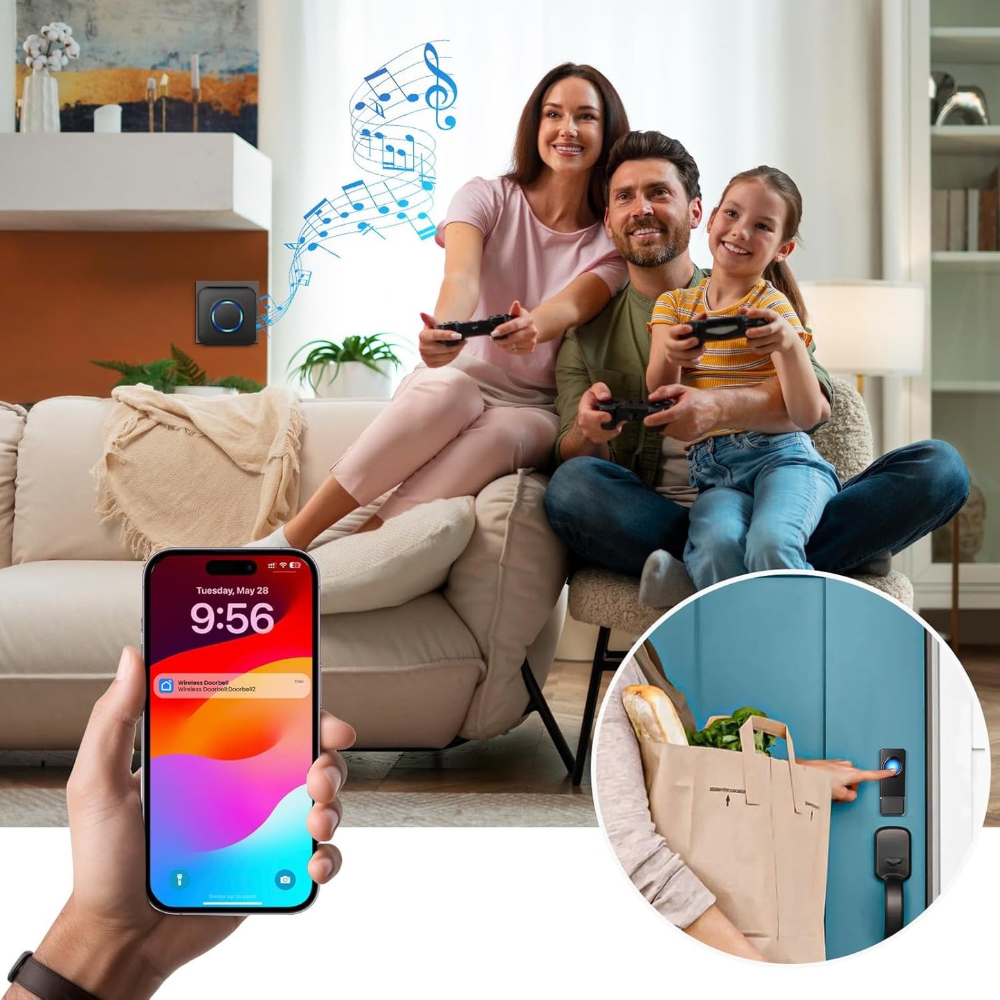 WiFi Doorbell Waterproof Outdoor, APP with No Subscription, 0-110dB Range Wireless Doorbell with 32 Melodies, Door Bell with Remote Notification, Door Bells with LED Flash for Homes, Offices