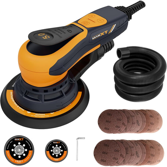 MAXXT Electric 5mm Random Orbital Sander, Palm Sander with Brushless Motor, 5&6Inch Sanding Pads, Central Vacuum, Sanders for Woodworking, Primary Wood and Panel Processing(Orange)